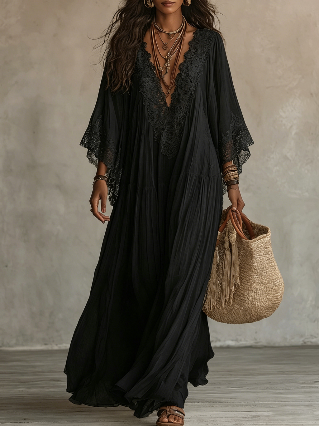 Savannah | Flowing Black Lace Maxi Dress