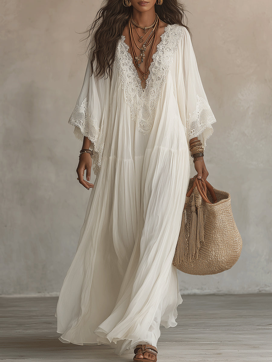 Claire | Flowing Ivory Lace Maxi Dress