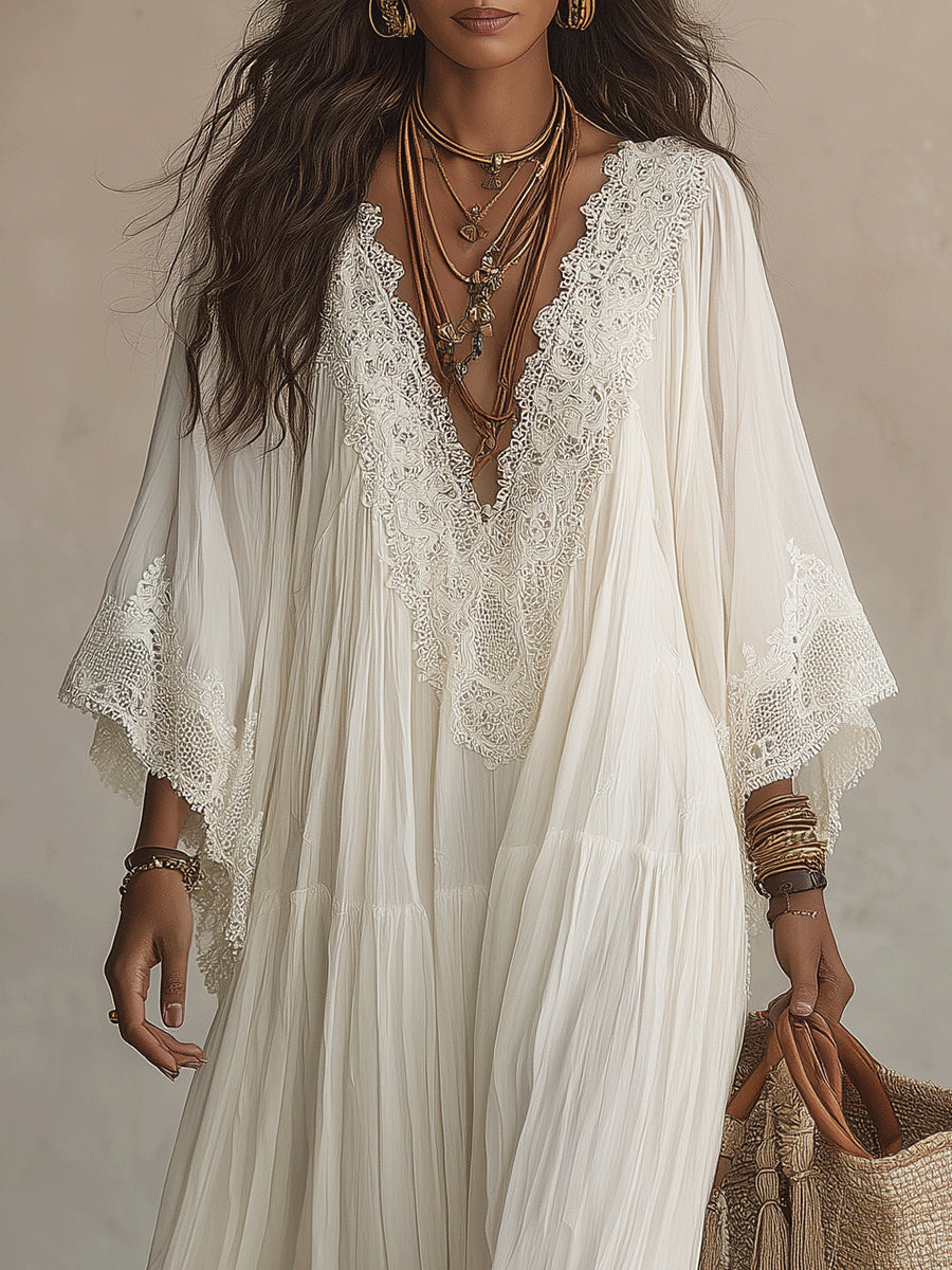 Claire | Flowing Ivory Lace Maxi Dress