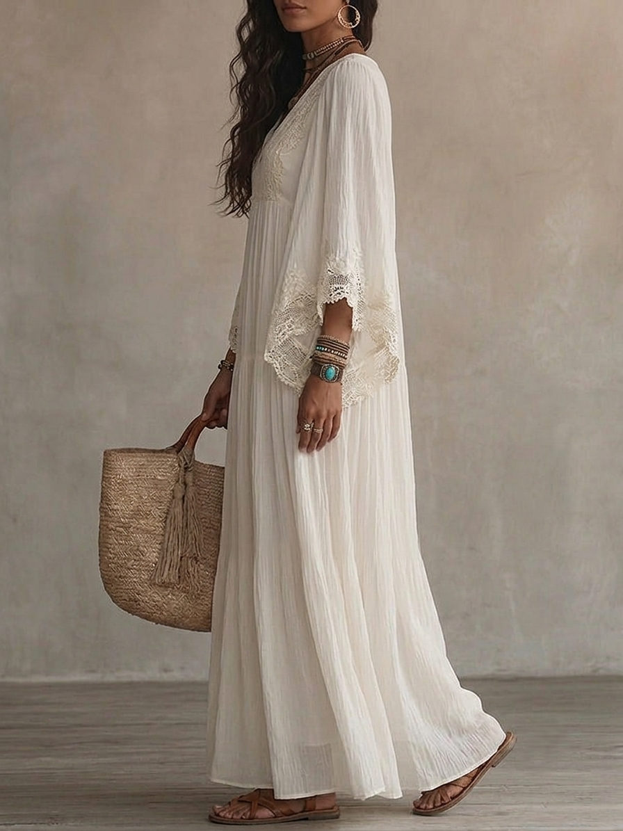 Claire | Flowing Ivory Lace Maxi Dress